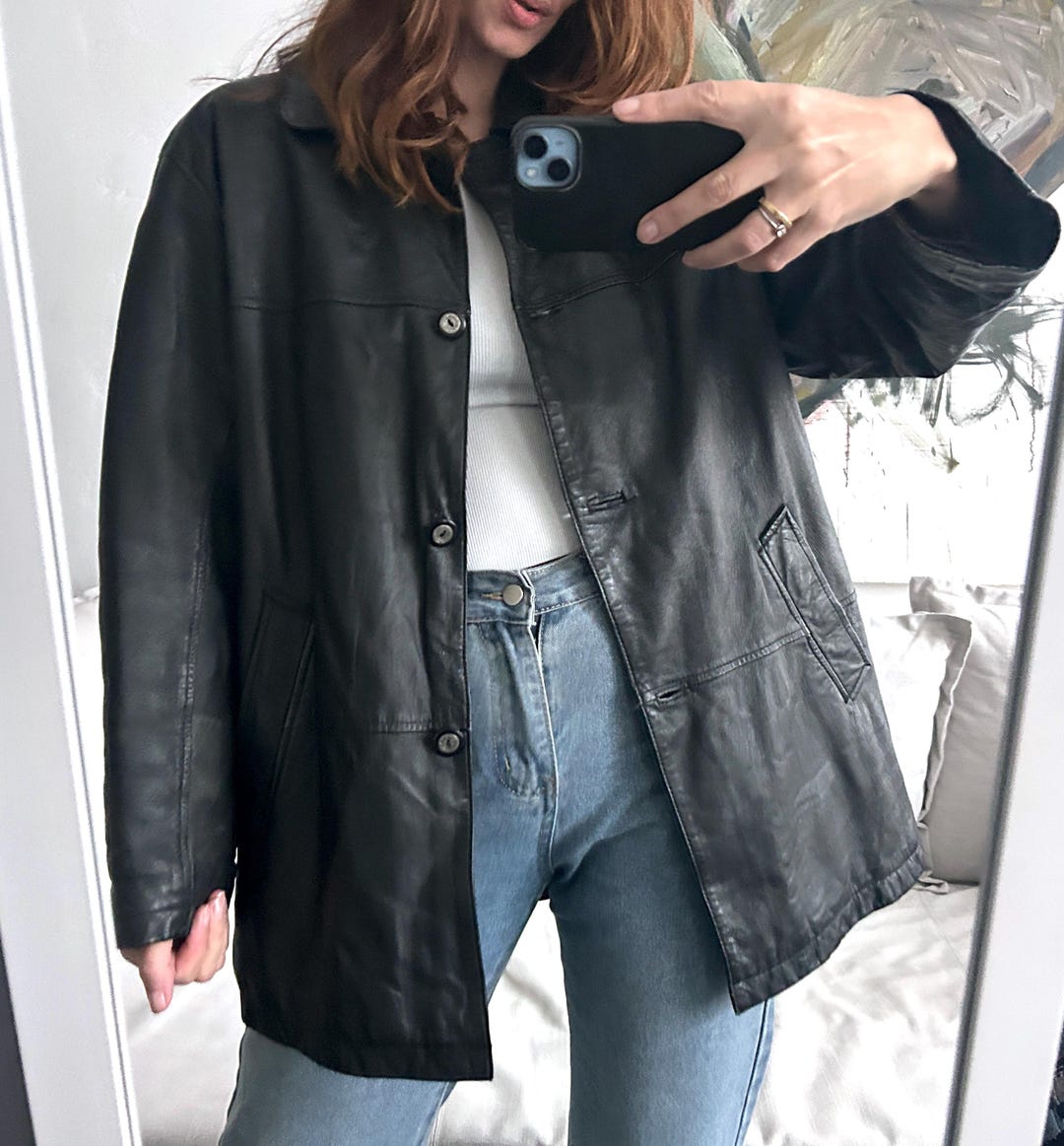 【ohotoro 】leather midi coat Vintage 80s Black Genuine Leather Jacket: Unisex Midi Coat