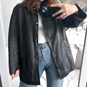 Vintage 80er Jahre Schwarze Echt-Lederjacke: Unisex Midi Mantel (L)