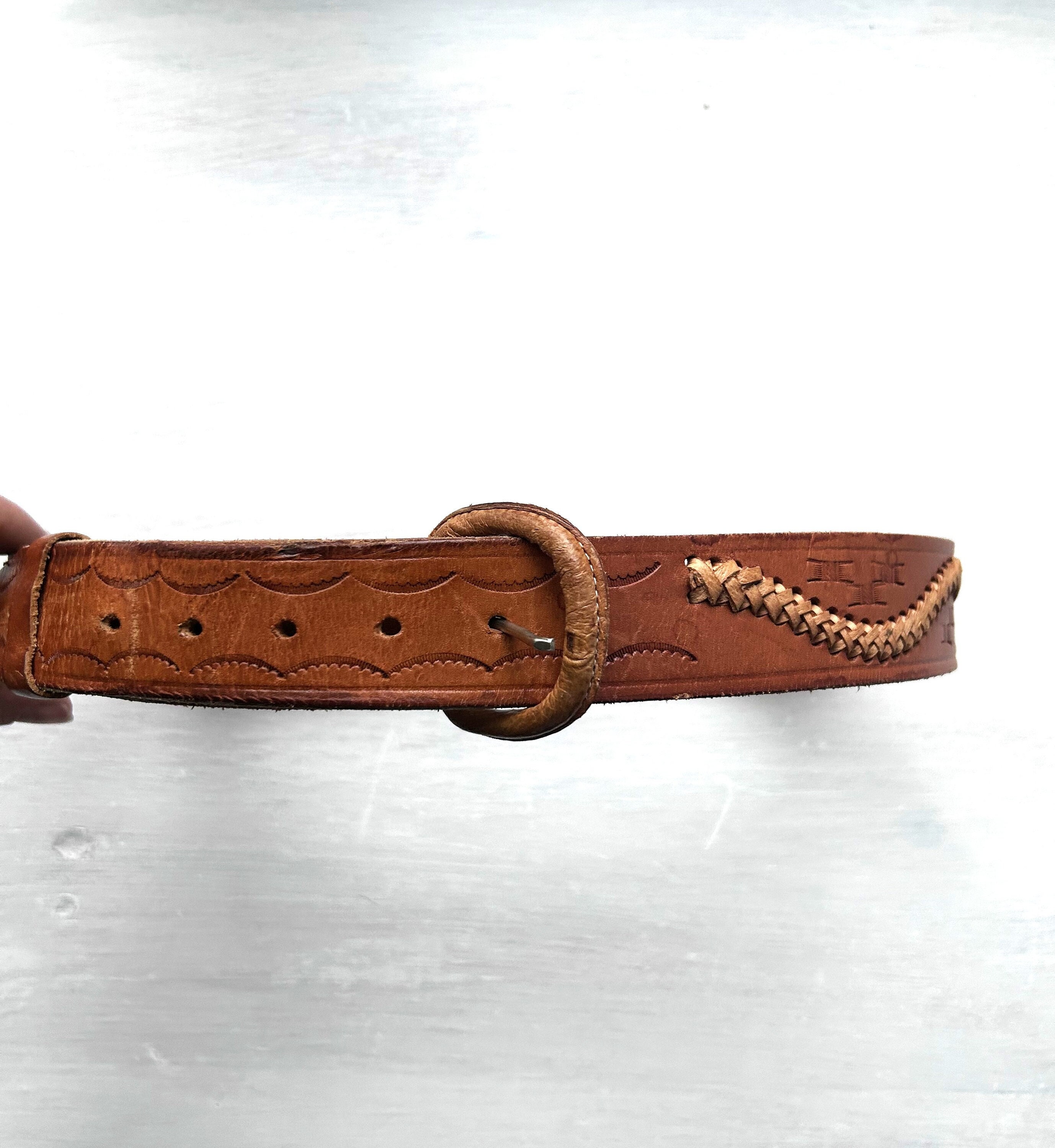 Adoppia Vita Boho Western Tooled Leather Belt Ornate Bronze Buckle 36 Inches vintage TOOLED buckle belt WESTERN handcrafted 36 rustic  main image 2