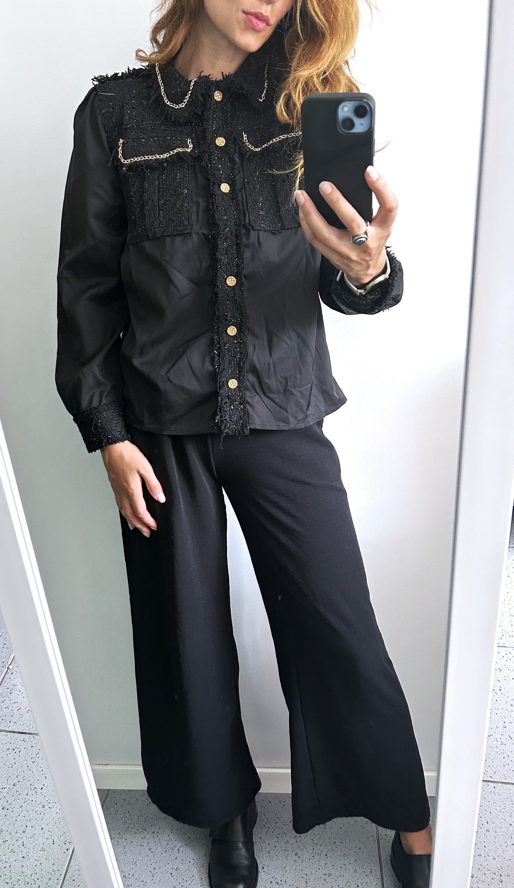 Glamour Black Knit Jacket / Cecilia Fashion / Modern Tweed Shirt Jacket / Boho Chic Blouse / With Gold Chain Details Jacket - S - M