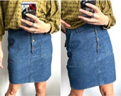 Buttons Fly Denim Skirt Indigo Jean Pencil Skirt High Rise Skirt Casual Street Wear Skirt Blue Denim Mini Skirt - M