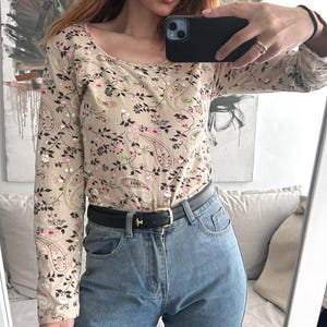 Cotton Beige Floral Casual Blouse / Long Sleeved Top / Square Neck Day Top / Garden Blouse / Aesthetic Blouse - Large