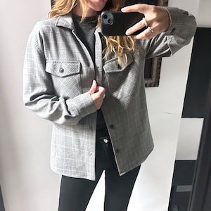 Check Grey Oversized Ladies Shirt, Casual Printed Buttoned Smart Top Wear, Size S
