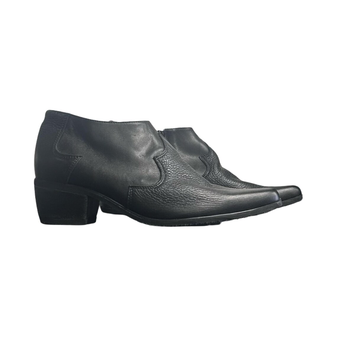 Handmade Black Leather Ankle Boots – Pointy Toe Western Biker Shoes, EU38, foto 2 di 5