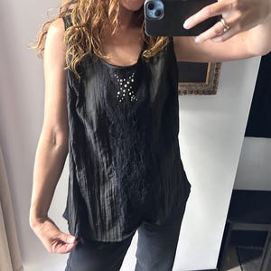 90s Black Beaded Tank Top: Goth Glam Sleeveless Blouse (L-XL)