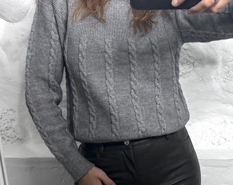 Gray Knit Basic Pullover With Turtleneck, Size S/M