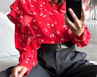 Red Butterfly Sleeve Blouse with Ditsy Floral Pattern, Romantic Long Sleeved Top, Size M