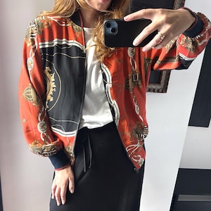 Scarf Printed Bomber Jacket / Abstract Colorful Bomber / Summer Women Jacket / Zip Oversized Jacket / Italian Style Jacket - Small
