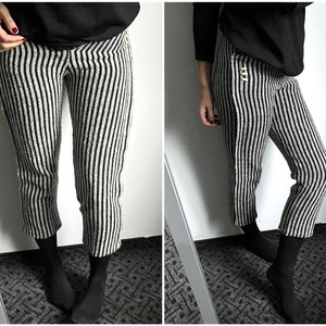 Striped Crop Warm Pants / Black White Knit Winter Pants / Zip Fly High Waist Boho Vintage Trousers - XXS