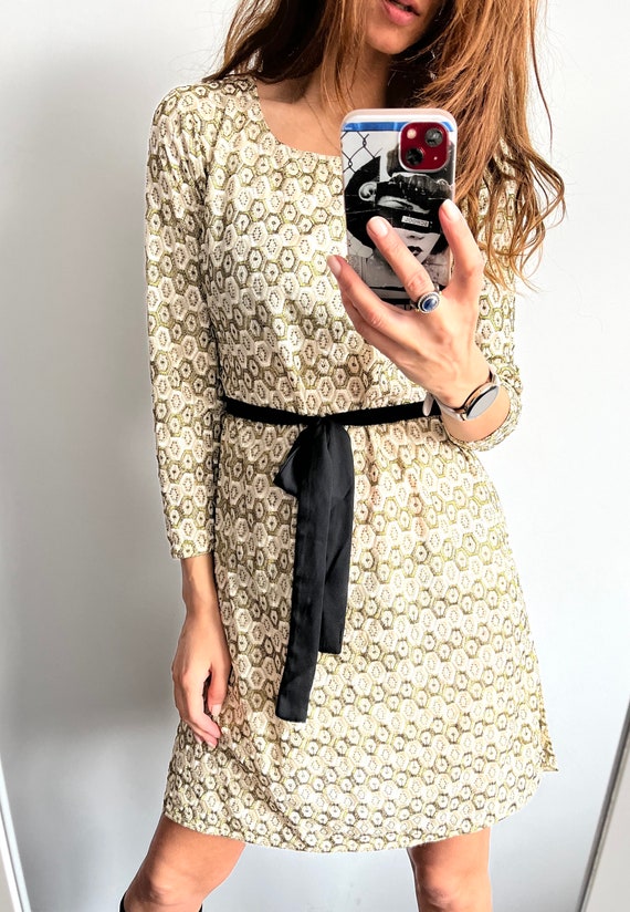 Embroidered Gold Mini Long Sleeved Shift Dress Wi… - image 3