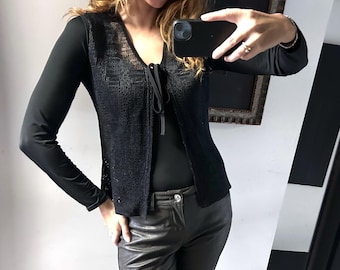 Sheer Mesh Wrap Black Cardigan, 90s Goth Evening Sleeveless Top, Size S/M