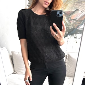 Knit Black Textured Blouse / Vintage Short Sleeve Knitwear / Minimal Cotton Top / Boho Sweater / Minimal Blouse - M