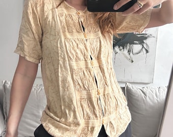 Vintage Embroidered Viscose Blouse: 80s Beige Buttoned Top - L