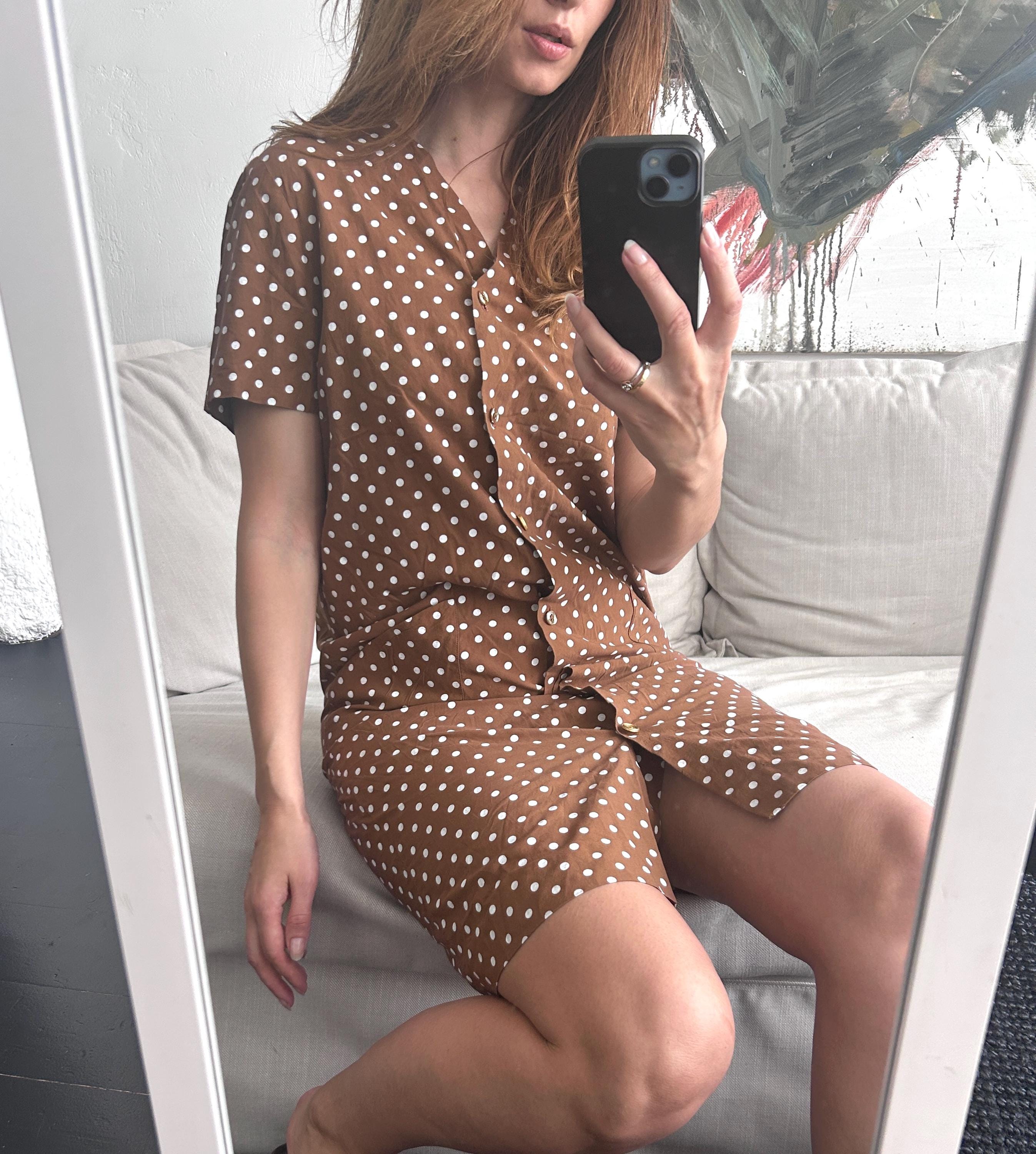 Robe Vintage Années 80 Taille S - Ligne A, Col Noué, Manches Ballon, Vert émeraude à Pois Roses