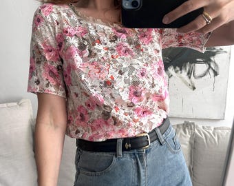 Y2K Floral Mesh Blouse - Pink Rose Ruffle Top, Made in Italy