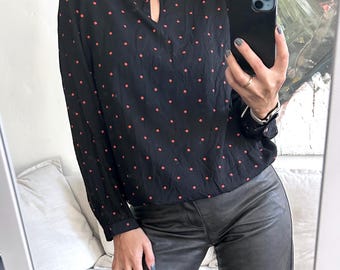 Black Dotted Elegant Blouse, Long Sleeved Printed Top, Viscose Shirt, Size L