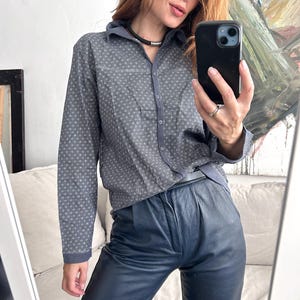 Cotton Printed Blouse / Collared Long Sleeve Top / Regular Blue Floral Cute Blouse / Woman Jumper - M