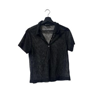 Sheer Lace Black Top with Buttoned Clodure, Short Sleeve Evening Blouse, Embroidered Shirt, Size S