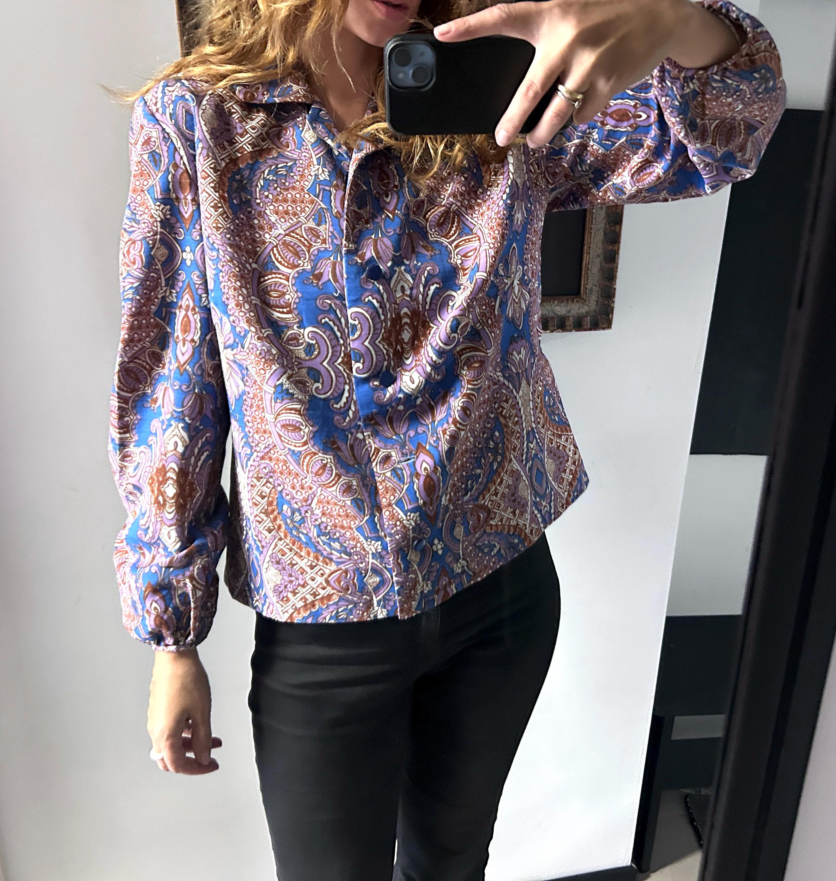 Chemisier Vintage Années 70 Rouge à Imprimé Floral - Taille 8, Coton, Manches Longues | Mode Rétro Femme