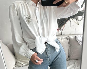 Vintage 80s White Cotton Blouse, Long Sleeve Woman Shirt, Size L