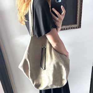 Handmade Suede Boho Tote Bag: Cream Slouch Drawstring Bag