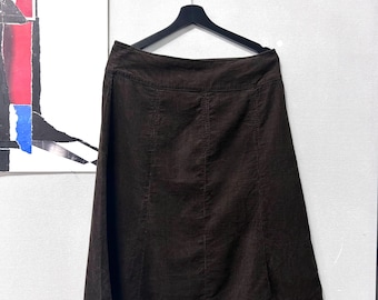 Dark Brown Corduroy Flared Skirt, Knee Length Casual Minimal Cotton Skirt, Size L