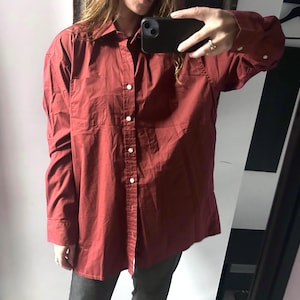 Vintage Red Classy Cotton Shirt, Oversized Unisex Top, Size XL