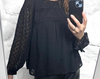 Pleated Polka Dot Black Blouse - Black Sheer Sleeve Goth Top, Size M