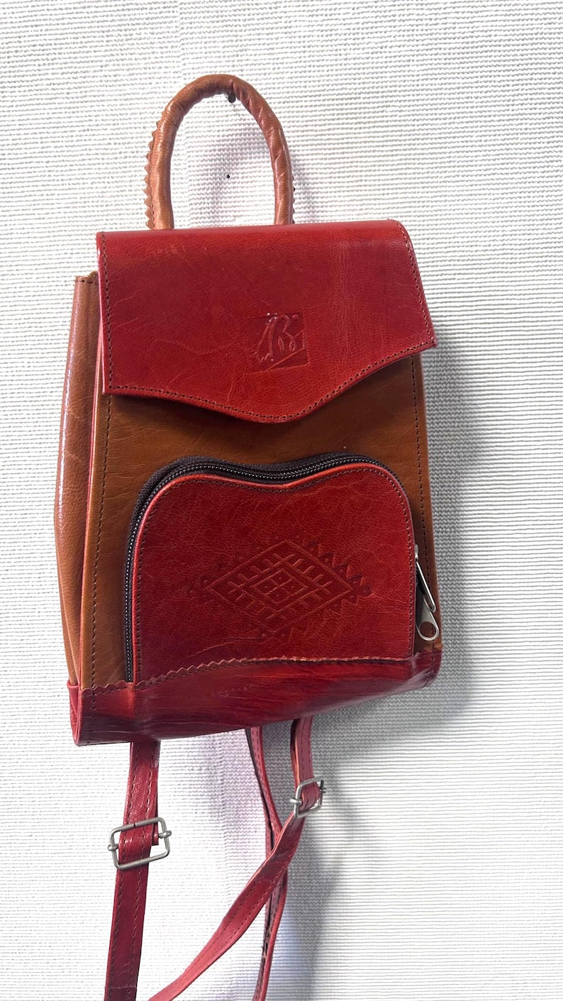 70s Real Leather Mini Backpack, Brown, Red Zip Handle Rucksack - Etsy