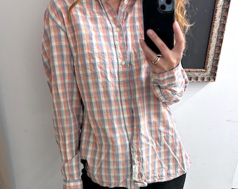 Vintage Cotton Plaid Shirt - Pastel Checkered Button-Up Top, M/L