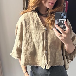 Linen Crop Relaxed Top, Taupe Brown Slouch Boho Blouse, Button Up Minimal Jacket, One Size
