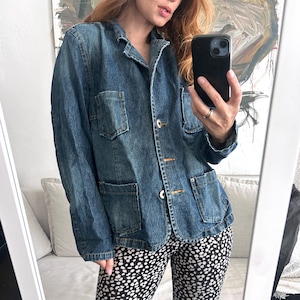 Vintage Stone Washed Linen Denim Jacket: Oversized Blue Jean Blazer