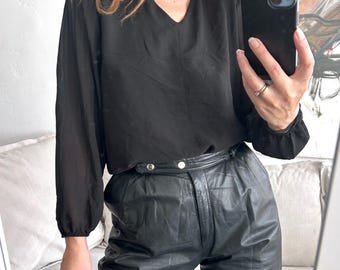 Vintage Black Minimal Blouse, Evening Solid Top, V Neck, Long Sleeve Top, Size Large