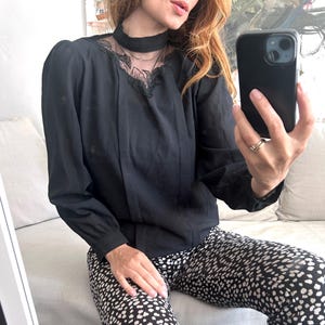 French Evening Black Blouse With Sheer Neck / Long Sleeved Top / Mock Neck Blouse / 90s Chiffon Blouse / Goth Glam Blouse  - L