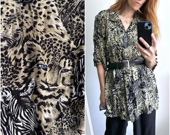 Leopard Head Animal printed Long Blouse / Buttoned Short Sleeves Patterned Loose Fit Oversized Shirt Blouse - L