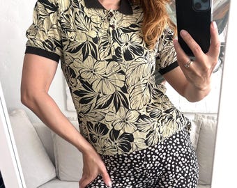 Blusa con cuello floral de los años 80: Top informal vintage con botones, talla L