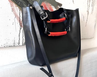 Handmade Black Leather City Bag: Edgy Top Handle Tote