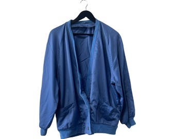 80s Casual Boyfriend Bomber Jacket with Deep V-Neck, Street Style Cardigan, Size Large