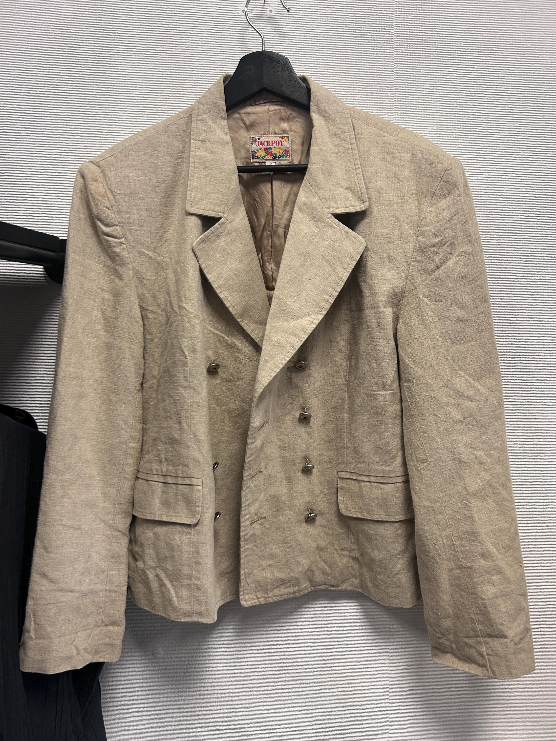 Vintage Grey Linen Blazer: Double Breasted Retro Jacket - Size L