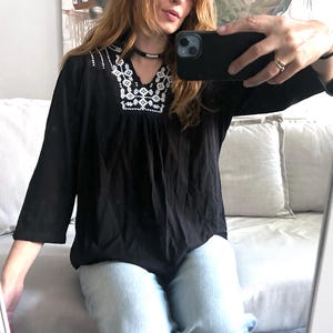 Embroidered Black Cotton Blouse: Folk Boho Top, XXL