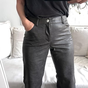 Faux Leather Straight Leg Pants: Dark Brown Mod Style - Size S