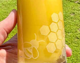 Bees Wax Candle in Handmade Glass Container Etched with Bee's and Honeycomb