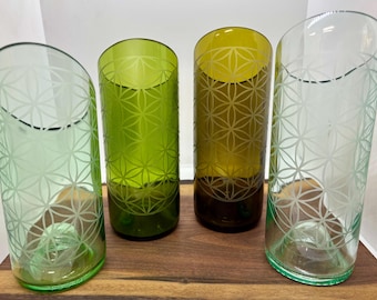 Vase Handmade from Wine Bottle Etched with Sacred Geometry Design