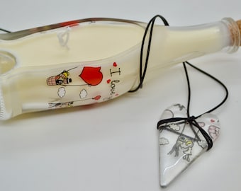 Tiny "I Love You" Recycled Wine Bottle Pomegranate Prosecco Scented Soy Candle and Necklace