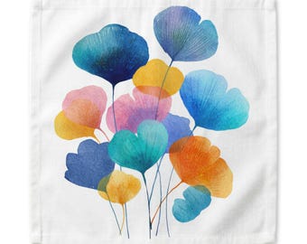 Puede incluir: Un textil blanco cuadrado con una ilustración en acuarela de varias hojas en forma de abanico en tonos azul, turquesa, amarillo, naranja y rosa. Las hojas están dispuestas en un grupo, cada una unida a un tallo fino, oscuro y delicado.