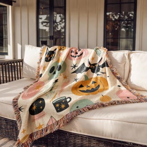 Cute Halloween Woven Throw Blanket, Spooky Season Tapestry, Pastel Goth Black Cat & Skull Decor, Fringed Couch Blanket, Witchy Gift