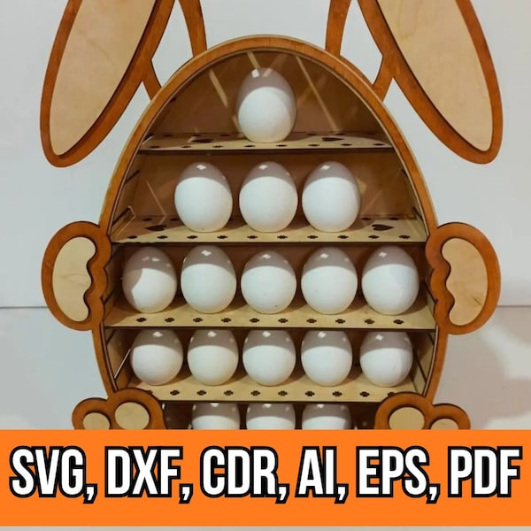Diseño de conejito con soporte para huevos de Pascua. Diseño de decoración de Pascua. Soporte para huevos de Pascua SVG, Dxf, Cdr, Ai, Eps, archivos Pdf para corte láser.
