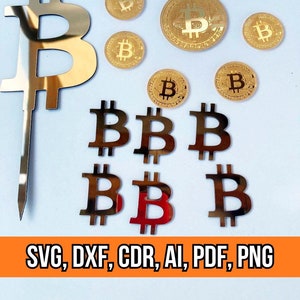 May include: Gold-colored Bitcoin symbols and coins arranged on a light blue surface. The image includes a large Bitcoin symbol, several coins with the Bitcoin logo, and smaller Bitcoin symbols. The text "SVG, DXF, CDR, AI, PDF, PNG" is displayed in an orange rectangle.