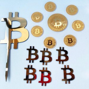 Set de adornos para tartas con bitcoins, etiquetas y letreros. Decoraciones para fiestas con criptomonedas, insignias de bitcoins, regalos con criptomonedas, accesorios para tartas con bitcoins