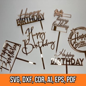 Meilleure vente de décoration de gâteau SVG. Lot de décorations pour gâteau joyeux anniversaire. Fichiers découpés au laser pour décoration de gâteau. Conception de décoration de gâteau. Svg, Dxf, Cdr, Ai, Eps, Pdf.